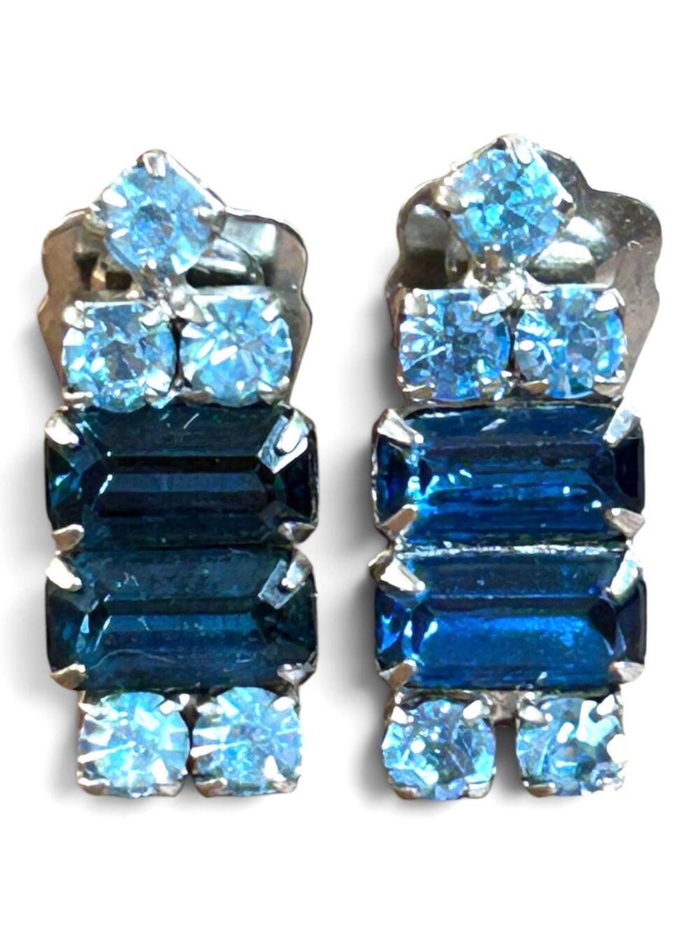 Vintage Blue Rhinestone Clip On Earrings Ombre Blues Baguette Crystal Cluster
